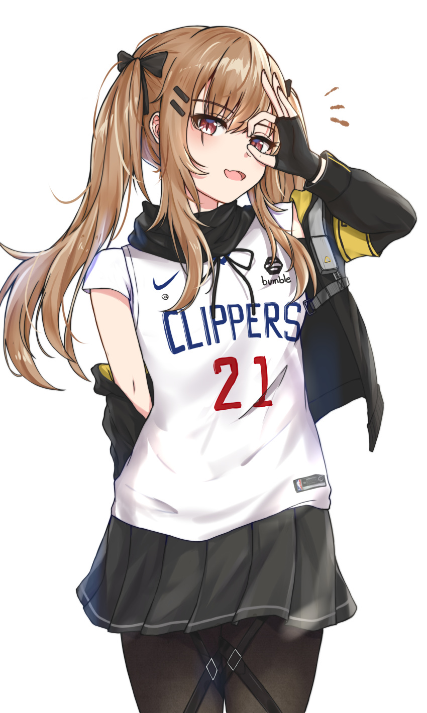 1girl absurdres armband basketball_jersey black_gloves black_legwear black_scarf black_skirt blush brown_eyes brown_hair commentary eyebrows_visible_through_hair fingerless_gloves girls_frontline gloves highres hood hooded_jacket jacket jacket_on_shoulders long_hair looking_at_viewer los_angeles_clippers mango_(mgo) national_basketball_association ok_sign open_mouth pantyhose scar scar_across_eye scarf skirt solo thigh-highs thigh_strap twintails ump9_(girls_frontline) white_background