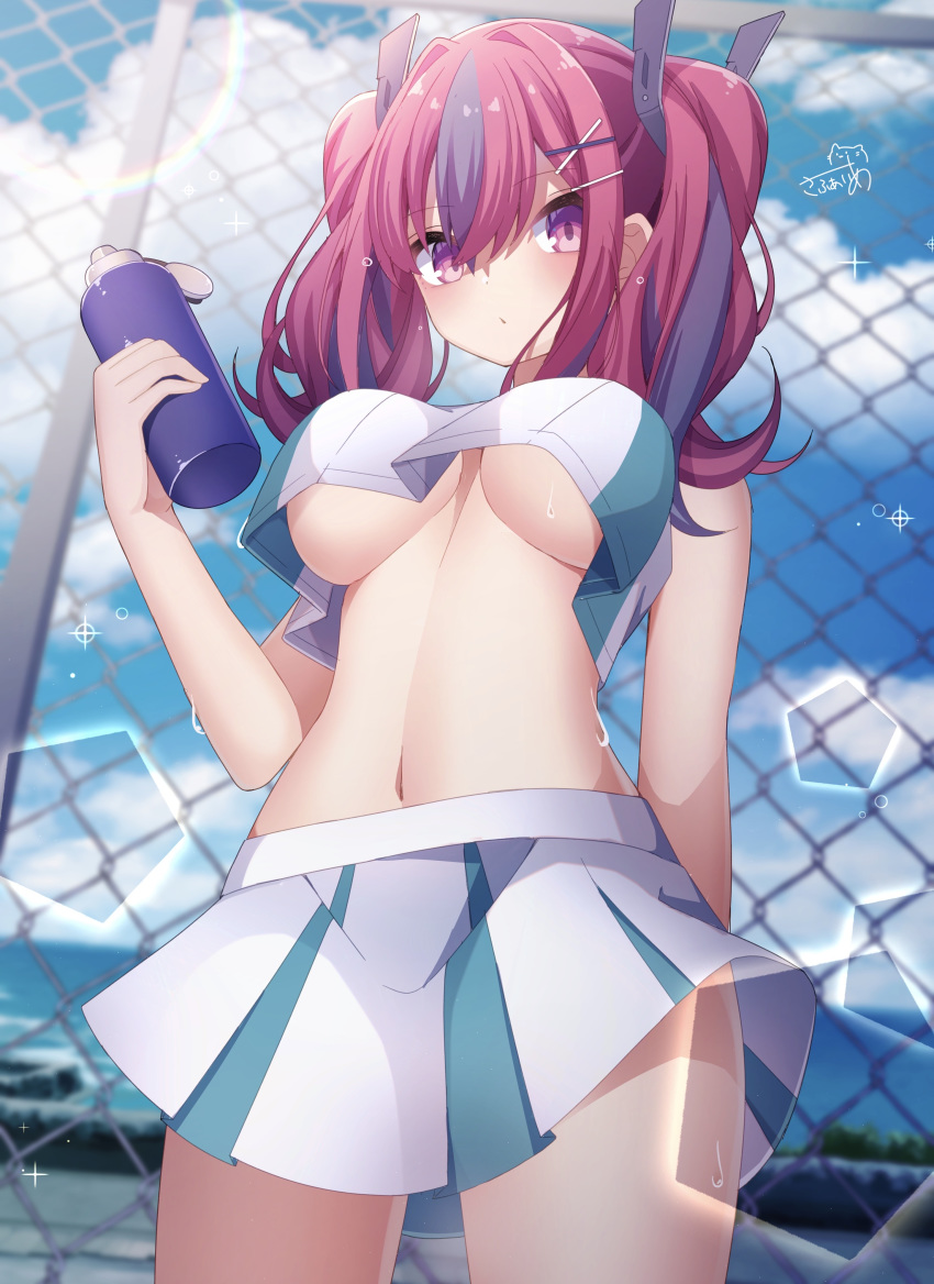 1girl absurdres azur_lane bare_arms bare_shoulders blurry bottle breasts bremerton_(azur_lane) bremerton_(scorching-hot_training)_(azur_lane) chain-link_fence clouds cowboy_shot crop_top crop_top_overhang day depth_of_field fence hair_ornament hairclip highres holding large_breasts lens_flare long_hair looking_at_viewer midriff miniskirt multicolored_hair navel no_bra outdoors pink_eyes pleated_skirt redhead sapphire_(sapphire25252) shirt sidelocks skirt sleeveless sleeveless_shirt solo sportswear standing stomach sunlight sweat tennis_uniform twintails two-tone_hair under_boob white_shirt white_skirt x_hair_ornament