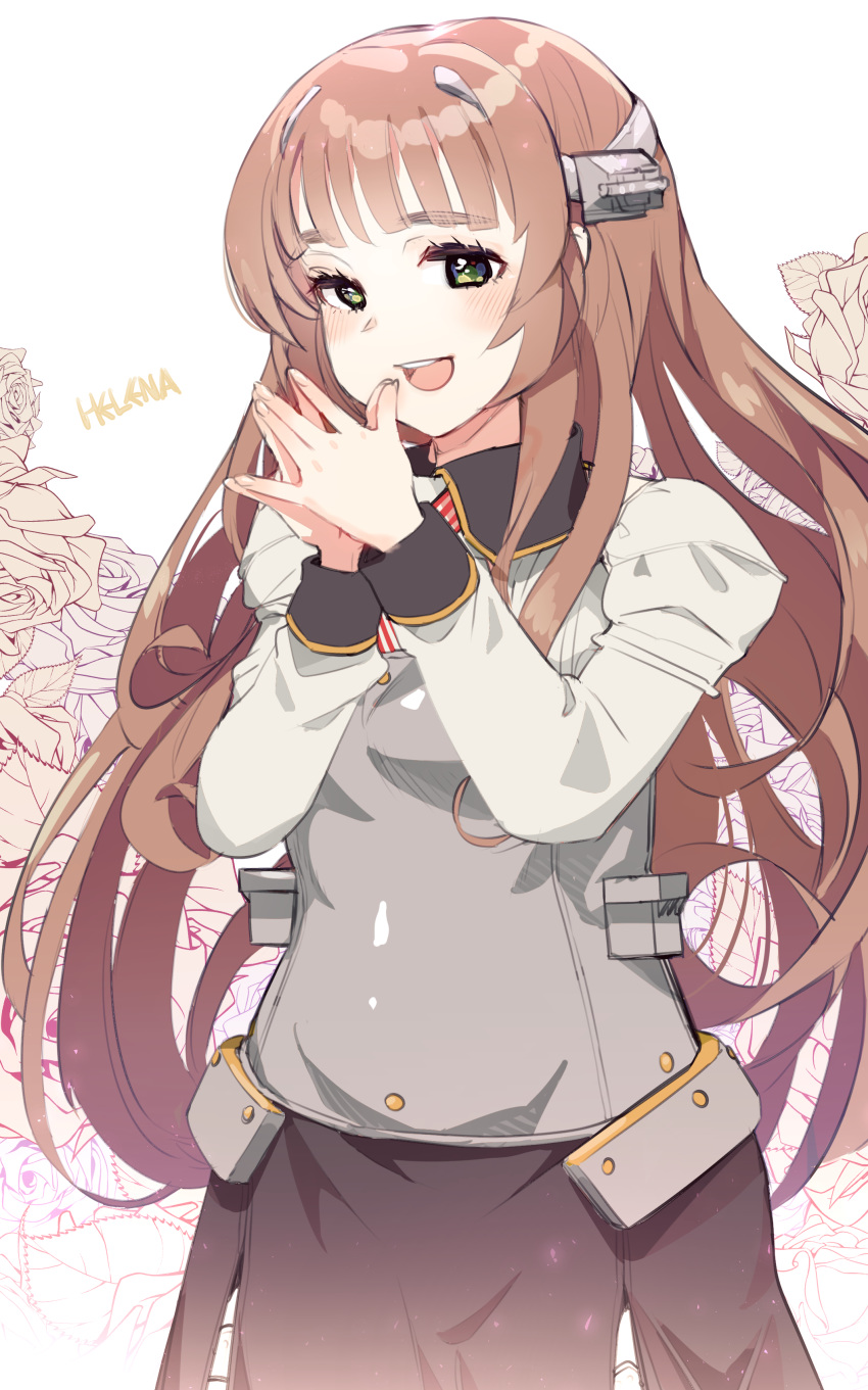 1girl absurdres bangs bitchcraft123 black_skirt blush breasts brown_hair character_name flower green_eyes hands_together headgear helena_(kantai_collection) highres kantai_collection long_hair long_sleeves military military_uniform open_mouth rose skirt small_breasts solo uniform upper_teeth white_background