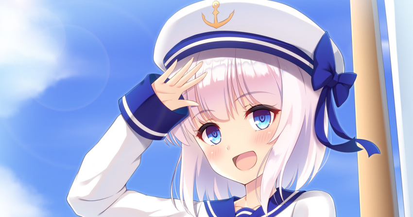 1girl :d anchor_symbol arm_up bangs beret blue_bow blue_eyes blue_sailor_collar blue_sky blush bow commentary_request day eyebrows_visible_through_hair hat hat_bow long_sleeves looking_at_viewer mijinko_(rioriorio) open_mouth original outdoors portrait sailor_collar shirt silver_hair sky sleeves_past_wrists smile solo white_headwear white_shirt