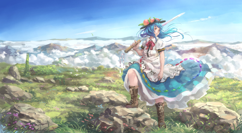 1girl arm_at_side arm_up black_headwear blue_hair blue_skirt blue_sky boots brown_footwear carrying_over_shoulder clouds commentary_request cross-laced_footwear day dress expressionless food fruit grass hair_blowing hat highres hinanawi_tenshi holding holding_sword holding_weapon knees_up layered_dress leaf long_hair looking_back looking_to_the_side mountainous_horizon nagi_(xx001122) neck_ribbon outdoors peach petticoat puffy_short_sleeves puffy_sleeves red_eyes red_neckwear ribbon rock scenery short_sleeves skirt sky solo standing standing_on_object sword touhou very_long_hair weapon wide_shot wind wind_lift