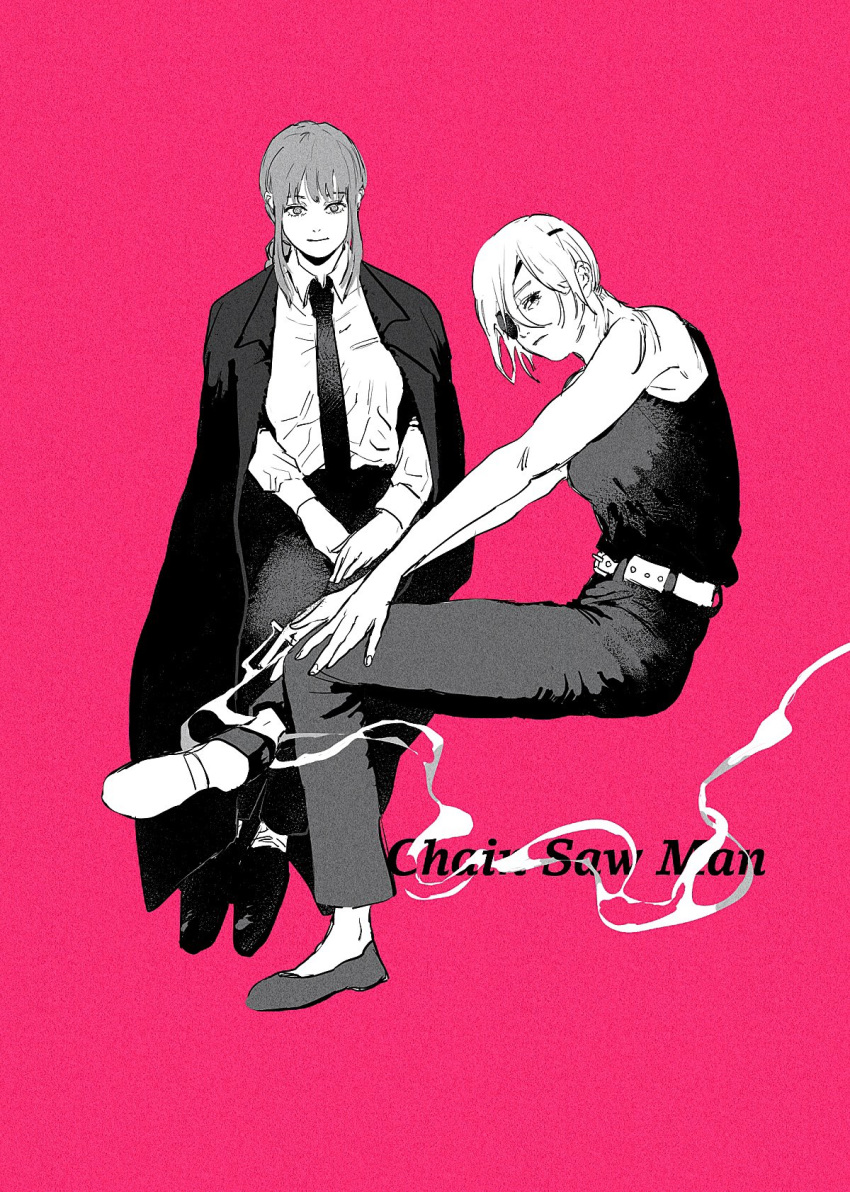 2girls armpit_peek bangs belt between_legs black_eyepatch black_footwear black_neckwear black_pants black_shirt breasts business_suit chainsaw_man cigarette collared_shirt expressionless eyepatch formal hair_between_eyes hand_between_legs highres invisible_chair jacket jacket_on_shoulders leg_up light_smile long_hair long_sleeves looking_at_viewer looking_to_the_side makima_(chainsaw_man) medium_breasts medium_hair multiple_girls necktie pants pink_background ponytail quanxi_(chainsaw_man) ringed_eyes shirt shirt_tucked_in sitting smile smoke smoking socks soregasi_tdbk suit tank_top