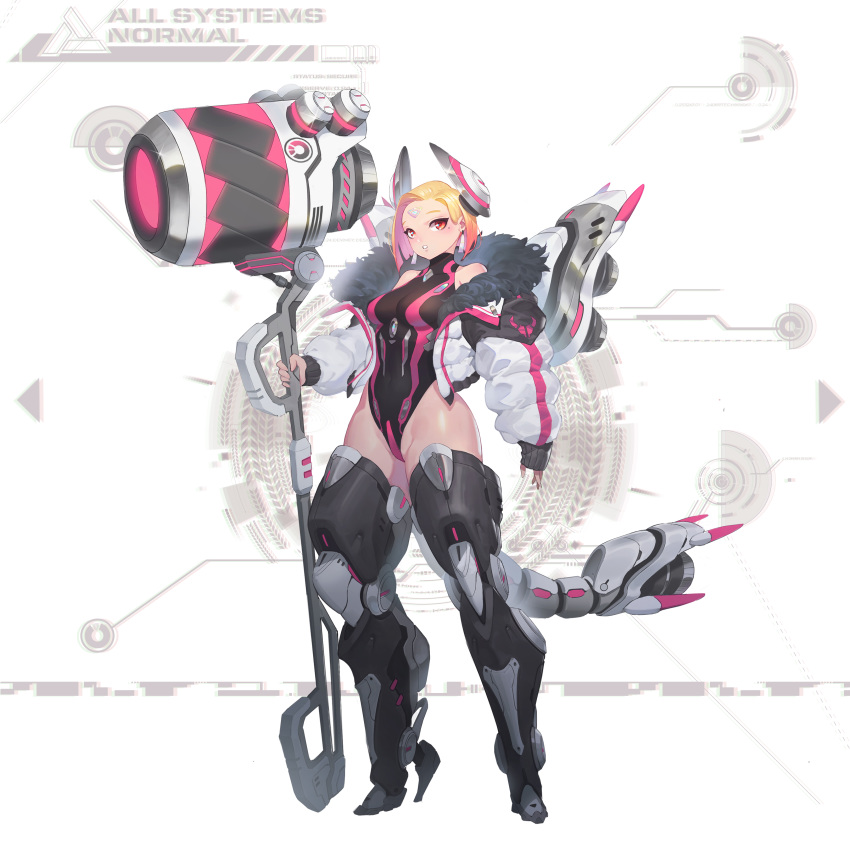 1girl absurdres blonde_hair breasts cyberpunk hammer highleg highleg_leotard highres large_breasts leotard mecha_musume mechanical_legs mechanical_parts red_eyes science_fiction short_hair solo young_(artist)