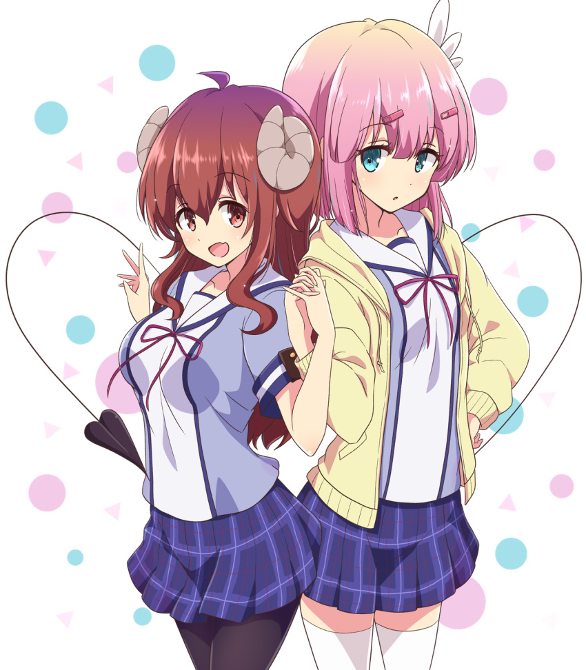 2girls aqua_eyes black_legwear blue_skirt chiyoda_momo curled_horns demon_tail eyebrows_visible_through_hair hair_ornament hairclip hand_up highres holding_hands horns interlocked_fingers jacket long_hair long_sleeves looking_at_another machikado_mazoku mel_(melty_pot) multiple_girls open_mouth pantyhose pink_hair plaid plaid_skirt red_eyes redhead school_uniform short_hair short_sleeves skirt smile tail thigh-highs white_background white_legwear yellow_jacket yoshida_yuuko_(machikado_mazoku) zettai_ryouiki