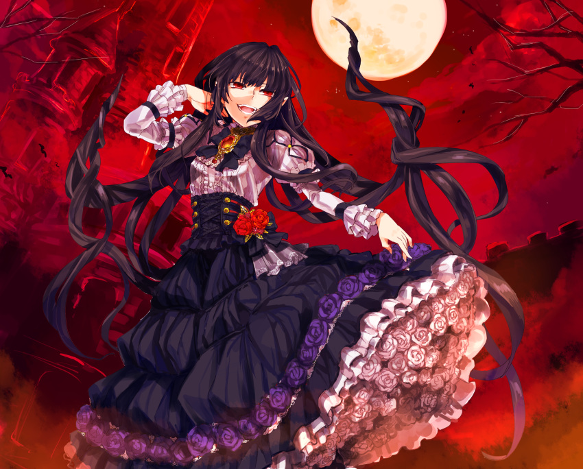 1girl bangs black_bow black_hair blunt_bangs bow breasts building castle dress flower frilled_dress frilled_sleeves frills full_moon gem hand_up highres long_hair long_sleeves looking_at_viewer michihisa! moon multicolored multicolored_clothes multicolored_dress open_mouth original purple_flower purple_rose red_background red_eyes red_flower red_rose rose small_breasts solo standing teeth tree vampire wall white_flower white_rose