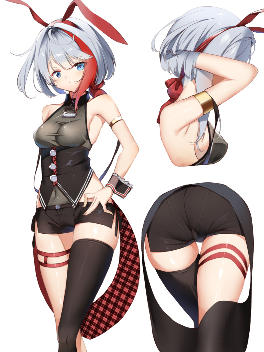 1girl admiral_graf_spee_(azur_lane) alternate_costume animal_ears armlet armpits asymmetrical_legwear azur_lane black_legwear black_shorts black_vest blue_eyes breasts commentary covered_navel fake_animal_ears hand_on_hip highres hino_kagutsuki looking_at_viewer medium_breasts multicolored_hair multiple_views rabbit_ears redhead short_hair short_shorts shorts silver_hair simple_background single_thighhigh solo standing streaked_hair thigh-highs vest white_background wrist_cuffs