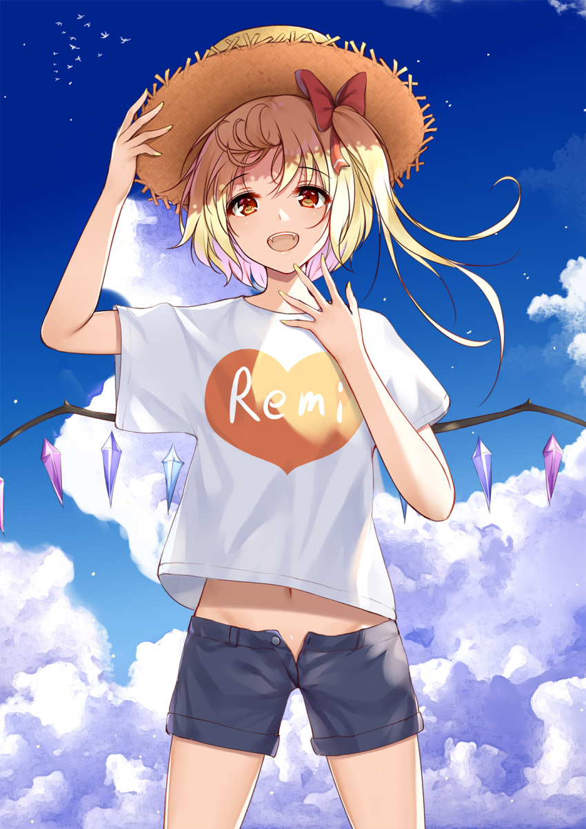 1girl alternate_costume arm_up bird blonde_hair blue_shorts blue_sky bow casual clothes_writing clouds contemporary cowboy_shot day fangs flan_(seeyouflan) flandre_scarlet hair_bow hat heart highres legs_apart long_hair looking_at_viewer midriff navel open_fly open_mouth outdoors red_bow red_eyes shirt short_sleeves shorts side_ponytail sky smile solo standing straw_hat summer touhou white_shirt wings