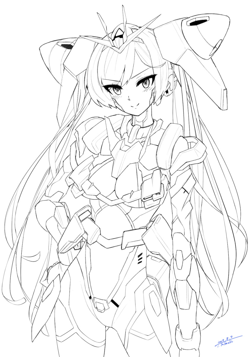 00_gundam 1girl gundam gundam_00 hand_on_hip highres i.takashi lineart looking_at_viewer mecha_musume personification solo twintails v-fin v-shaped_eyebrows