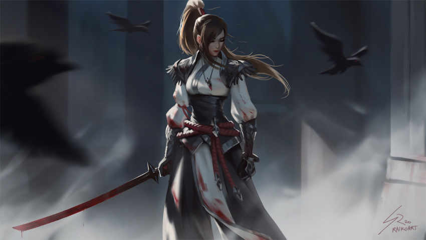 1girl bird blood bloody_clothes bloody_weapon brown_hair closed_eyes gloves highres jewelry katana lips long_hair motion_blur original pendant ponytail raikoart signature solo standing sword weapon wind