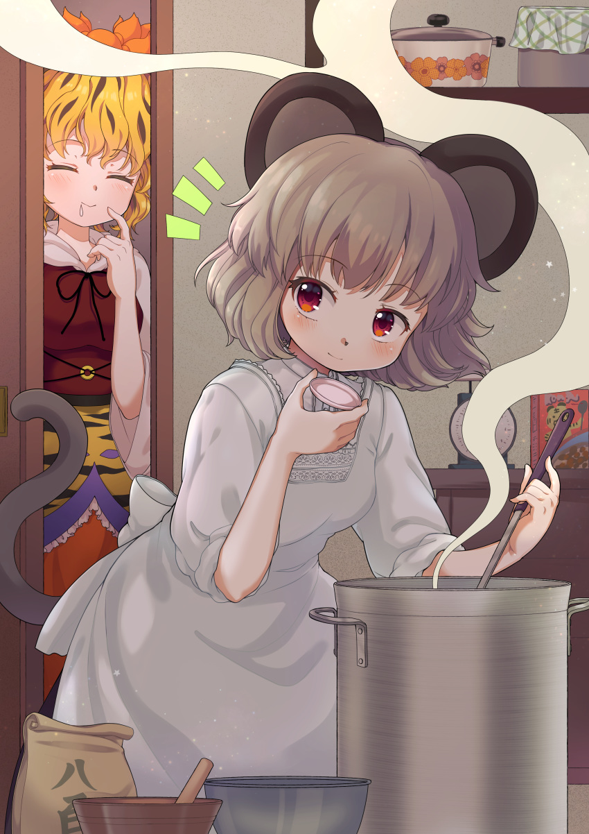 2girls absurdres animal_ears apron blonde_hair blush bowl closed_eyes commentary_request cooking eyebrows_visible_through_hair grey_hair hair_ornament highres iris_anemone kitchen_scale mouse_ears mouse_tail multiple_girls nazrin notice_lines pestle pot red_eyes saliva sleeves_rolled_up smell smile tail toramaru_shou touhou weighing_scale white_apron