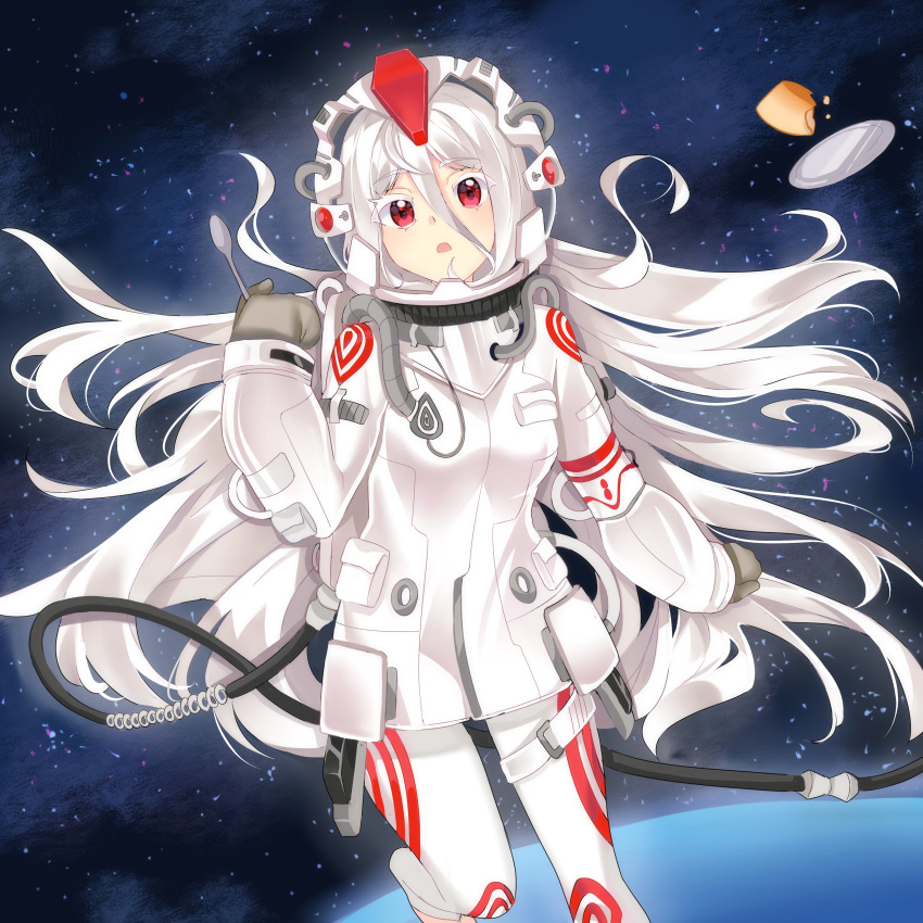 1girl absurdres albino astronaut astronaut_helmet breasts cable colored_eyelashes deadman_wonderland english_commentary eyebrows_visible_through_hair eyelashes floating_hair hair_between_eyes highres holding holding_spoon long_hair looking_at_viewer nude open_mouth red_eyes shiro_(deadman_wonderland) silver_hair solo space spoon star_(sky) white_eyelashes white_hair yaya_chan