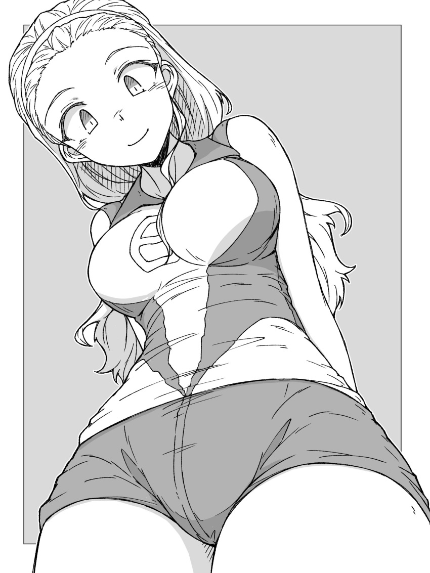 1girl absurdres arms_behind_back border closed_mouth commentary dutch_angle girls_und_panzer greyscale groin hair_pulled_back hairband highres long_hair looking_at_viewer monochrome outside_border ponytail renshiu sasaki_akebi shirt short_shorts shorts sleeveless sleeveless_shirt smile solo sportswear standing volleyball_uniform