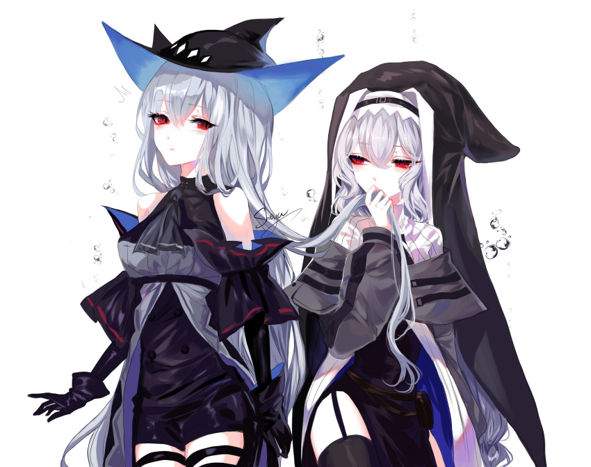 2girls absurdres arknights artist_name ascot bangs bare_shoulders black_gloves black_headwear black_neckwear breasts capelet chinese_commentary commentary_request cowboy_shot eyebrows_visible_through_hair garter_straps gloves grey_capelet habit hair_between_eyes highres long_hair medium_breasts multiple_girls red_eyes sheya signature silver_hair simple_background skadi_(arknights) specter_(arknights) standing very_long_hair white_background
