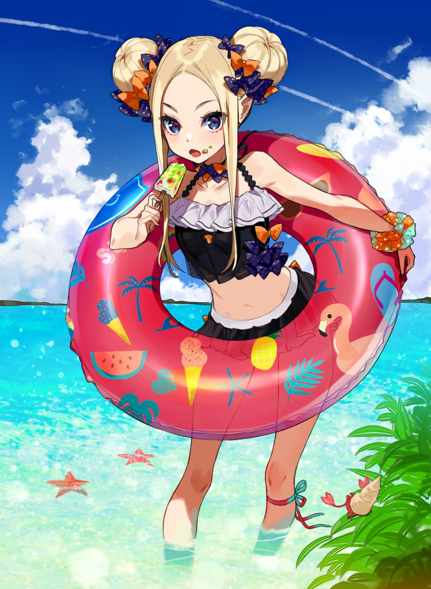 abigail_williams_(fate/grand_order) absurdres alternate_costume alternate_hairstyle animal bangs bare_shoulders beach bikini bird black_bikini blue_sky bow clouds cloudy_sky collarbone commentary_request crab day double_bun eating eyes_visible_through_hair fate/grand_order fate_(series) flamingo food food_on_face forehead hair_bow hair_bun hair_ornament highres holding ice_cream in_water leaf leg_ribbon looking_at_viewer medium_hair navel ocean open_mouth orange_bow parted_bangs plant purple_bow ribbon scrunchie sidelocks sky standing starfish stomach swimsuit two-tone_ribbon violet_eyes water wrist_scrunchie yuu_(higashi_no_penguin)