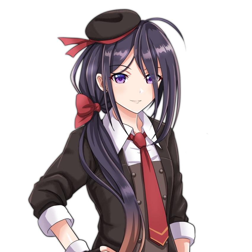 1girl ahoge ariake_(kantai_collection) black_gloves black_headwear collared_shirt fingerless_gloves gloves gradient_hair hand_on_hip hat highres kantai_collection long_hair long_sleeves multicolored_hair necktie purple_hair red_neckwear shirt simple_background smile solo tk8d32 upper_body violet_eyes white_background white_shirt