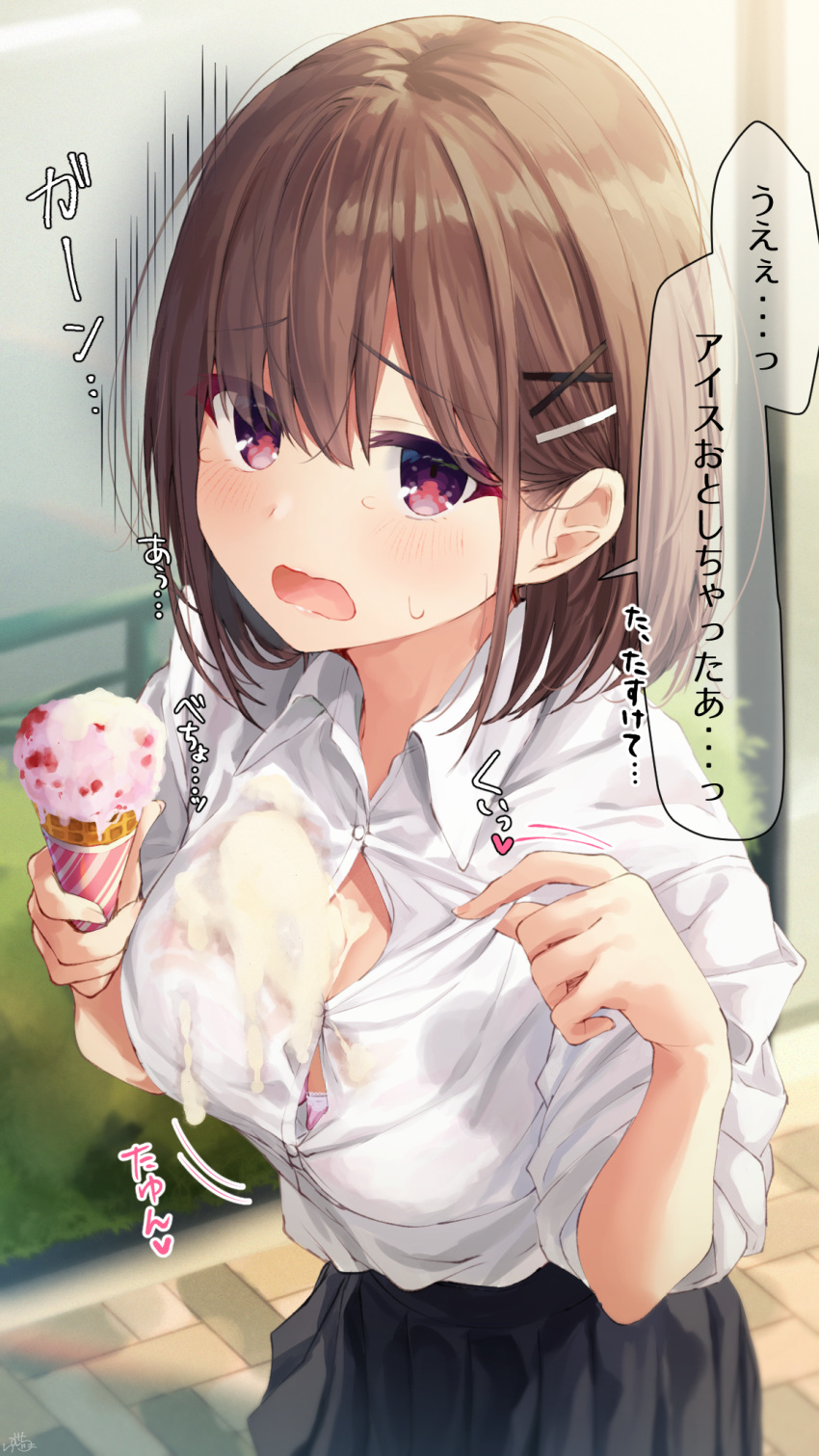 1girl bangs black_skirt bra breasts brown_hair collared_shirt commentary_request dress_shirt eyebrows_visible_through_hair eyes_visible_through_hair food food_on_breasts food_on_clothes hair_ornament hair_over_one_eye hairclip hands_up highres holding holding_food ice_cream ice_cream_cone looking_at_viewer medium_breasts open_mouth original outdoors pink_bra pleated_skirt ramchi red_eyes shirt short_sleeves skirt solo standing sweat translation_request underwear white_shirt x_hair_ornament