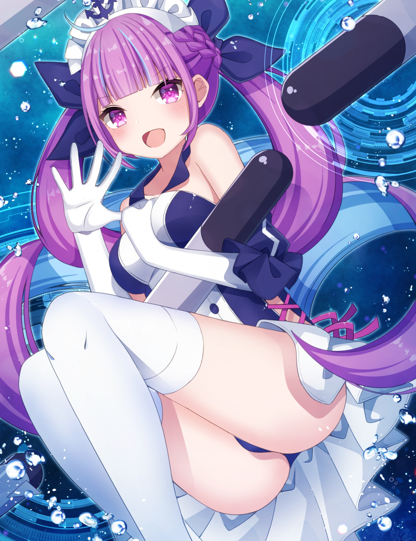 1girl :d absurdres adapted_costume ahoge ass azur_lane bare_shoulders braid breasts bubble gloves hair_ribbon highres hololive long_hair looking_at_viewer maid_headdress minato_aqua multicolored_hair one-piece_swimsuit open_mouth purple_hair ribbon sapphire_(sapphire25252) sidelocks small_breasts smile solo streaked_hair swimsuit thigh-highs torpedo twintails two-tone_hair very_long_hair violet_eyes virtual_youtuber white_gloves white_legwear