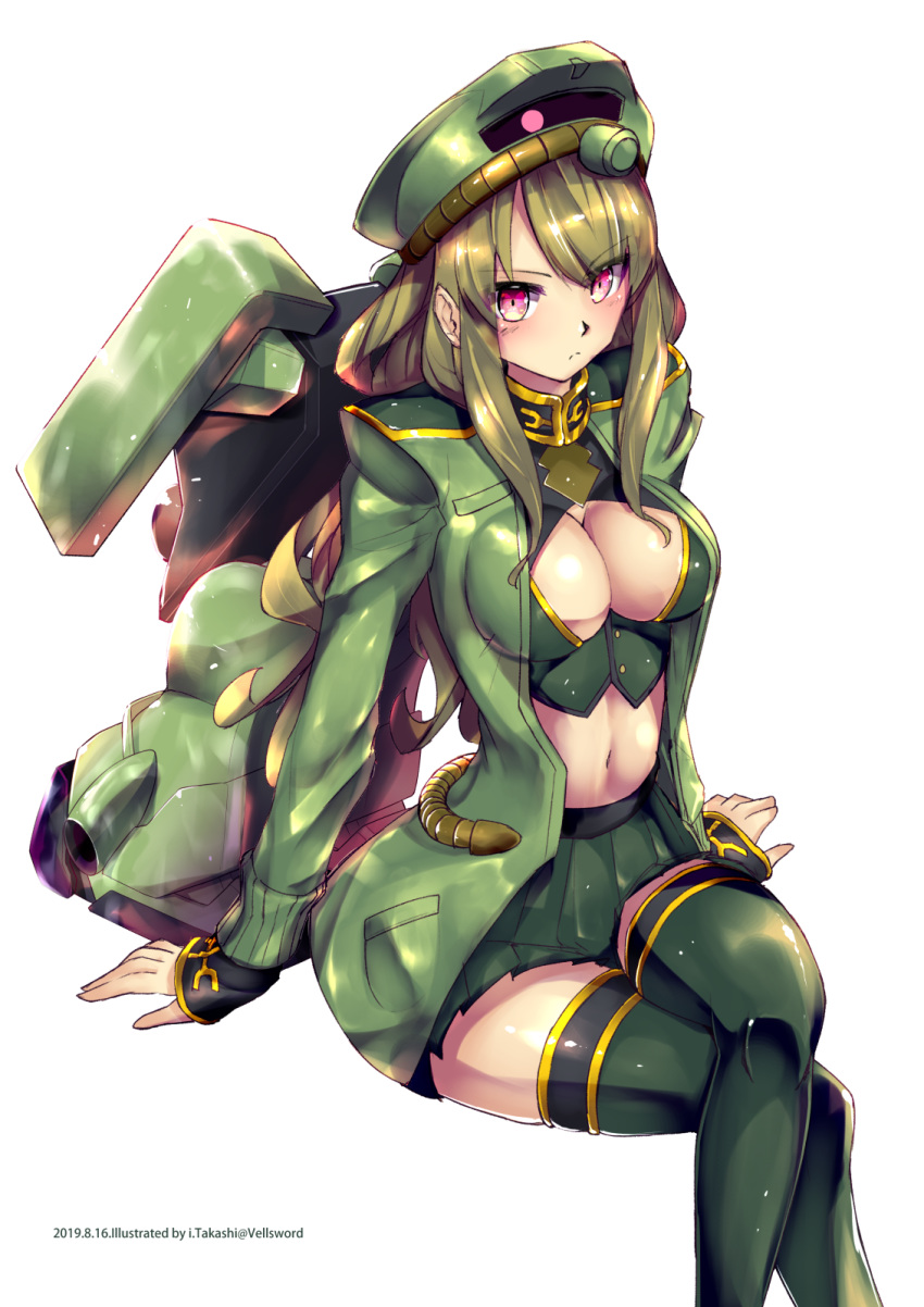 1girl blush breasts embarrassed geara_zulu green_hair gundam gundam_unicorn hat highres i.takashi jacket large_breasts looking_at_viewer mecha_musume open_clothes open_jacket personification red_eyes sitting skirt solo thigh-highs white_background