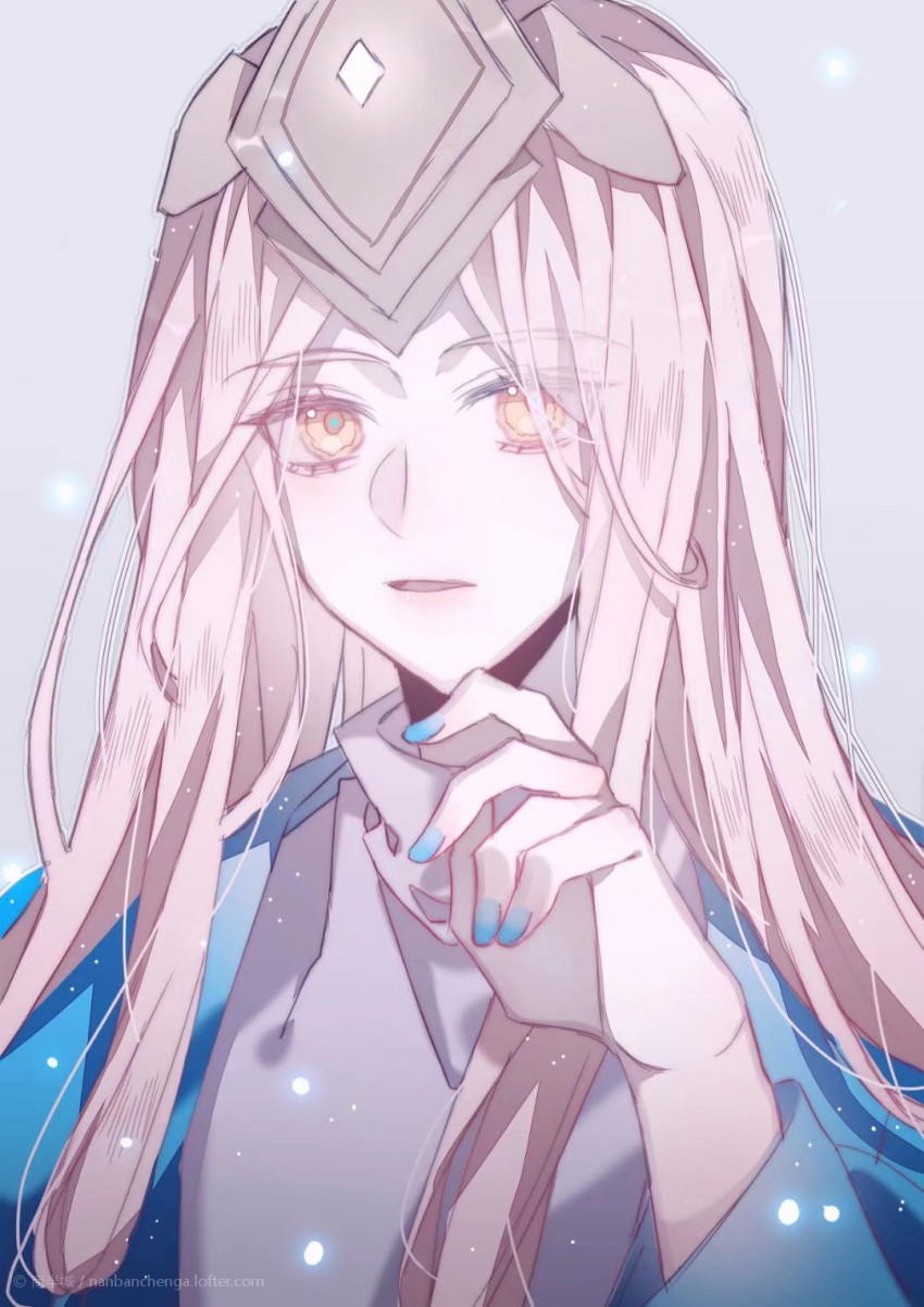 1girl blue_nails eyebrows_visible_through_hair eyes_visible_through_hair glint grey_hair highres light_particles long_hair looking_at_viewer mask mask_on_head nanbanchenga open_mouth sky:_children_of_the_light solo sparkle teth tied_hair white_hair yellow_eyes