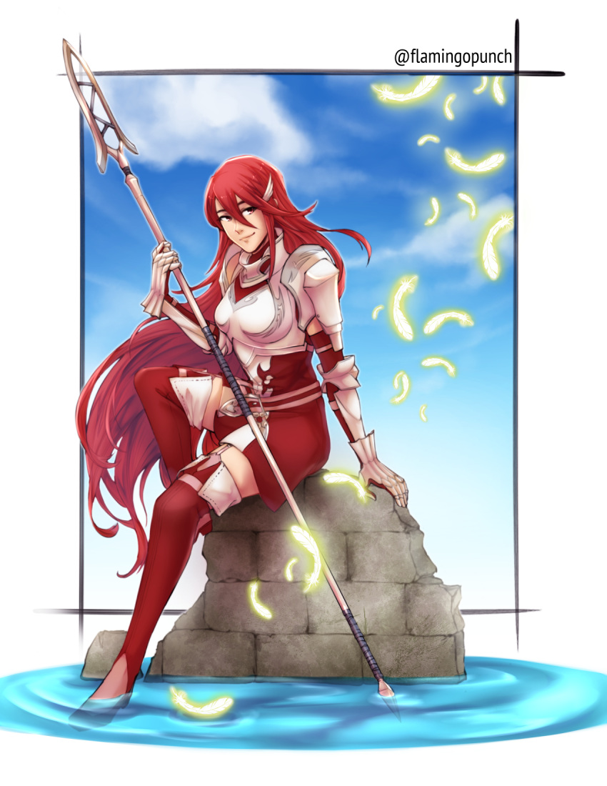 1girl armor armored_dress breastplate closed_mouth clouds commentary cordelia_(fire_emblem) day dress feathers fire_emblem fire_emblem_awakening flamingo_(eme324) gauntlets hair_between_eyes hair_ornament highres holding holding_polearm holding_spear holding_weapon lips long_hair polearm red_dress red_eyes redhead sitting sky smile solo spear twitter_username very_long_hair water weapon wing_hair_ornament