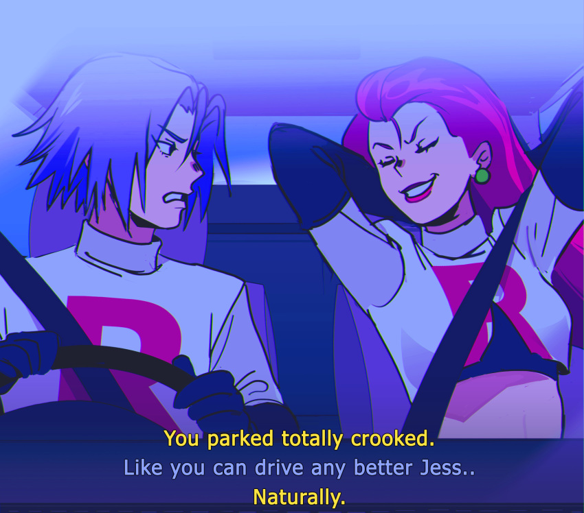 1boy 1girl arms_behind_head arms_up black_eyes black_gloves breasts car_interior chair clenched_teeth closed_eyes crop_top driving earrings elbow_gloves english_commentary english_text fake_screenshot gloves grin hair_intakes hands_up highres jewelry kojirou_(pokemon) long_hair long_sleeves looking_at_another medium_breasts musashi_(pokemon) pokemon pokemon_(anime) pokemon_(classic_anime) purple_hair red_lips redhead seatbelt shiny shiny_hair shirt short_hair sinful_hime smile steering_wheel subtitled talking team_rocket teeth upper_body white_shirt window