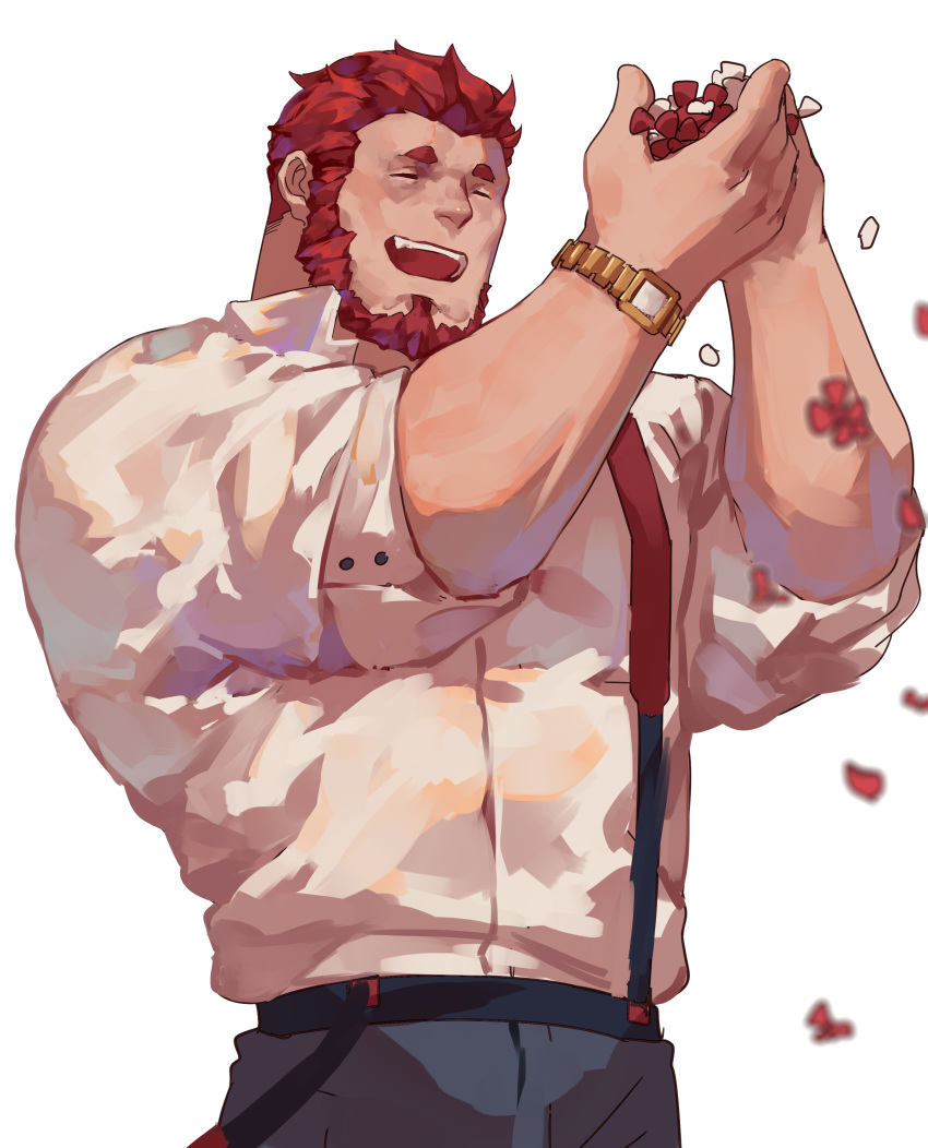 1boy absurdres alternate_costume bara beard casual closed_eyes denim facial_hair facing_another fate/grand_order fate/zero fate_(series) flower guoguo highres holding holding_flower iskandar_(fate) jeans male_focus muscle open_mouth pants petals redhead sketch sleeves_rolled_up standing watch white_background