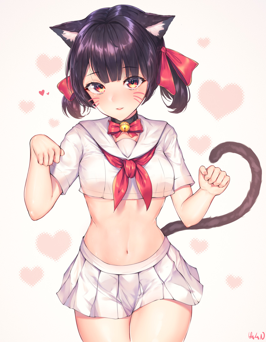 1girl absurdres animal_ear_fluff animal_ears bangs bell bell_choker breasts cat_ears cat_girl cat_tail choker clenched_hands commentary_request crop_top eyebrows_visible_through_hair hair_ribbon hakushoku_n heart heart_background highres looking_at_viewer midriff navel original parted_lips paw_pose pleated_skirt red_neckwear red_ribbon ribbon sailor_collar shiny shiny_hair short_hair short_sleeves skirt solo tail twintails white_crop_top white_sailor_collar white_skirt yellow_eyes