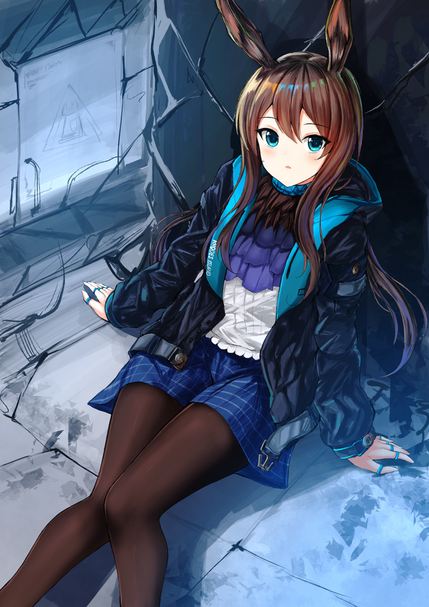 1girl amiya_(arknights) animal_ears arknights bangs black_jacket blue_eyes blue_skirt blush brown_hair brown_legwear commentary_request eyebrows_visible_through_hair hair_between_eyes highres jacket jewelry knees_together long_hair long_sleeves looking_at_viewer open_clothes open_jacket pantyhose parted_lips ring shiny shiny_hair sitting skirt solo wsman