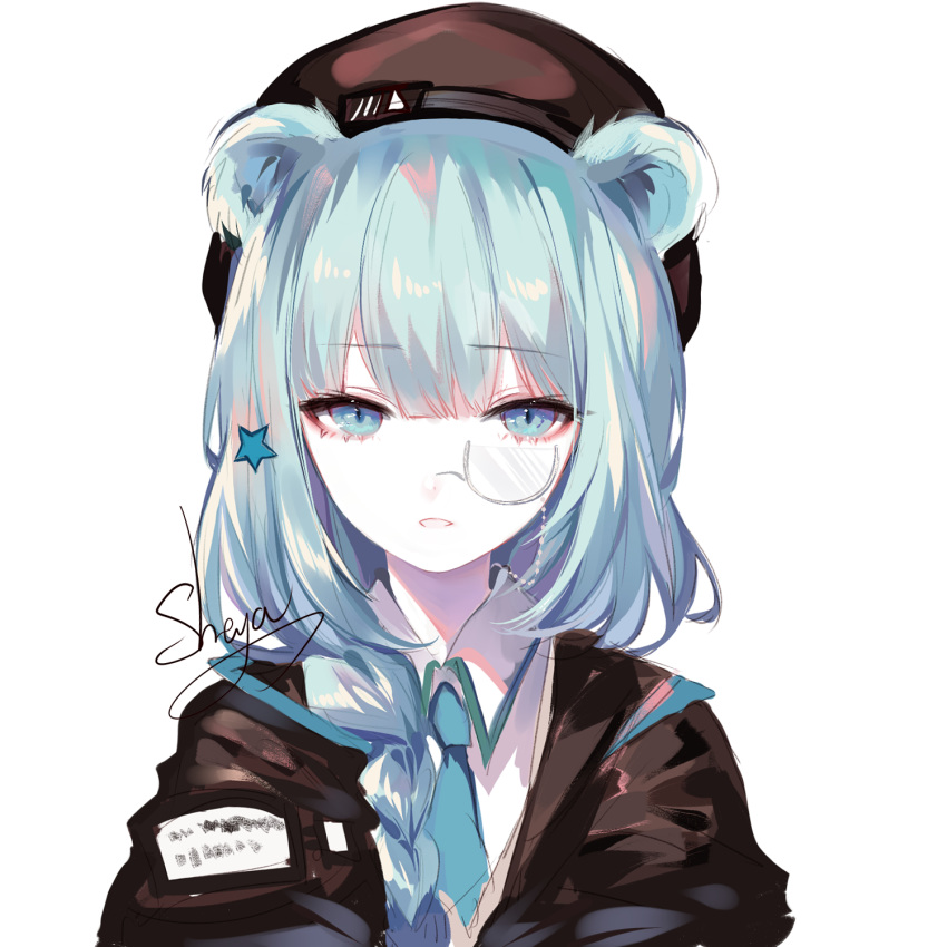 1girl animal_ears arknights bangs bear_ears black_jacket blue_eyes blue_hair blue_neckwear blush braid commentary_request eyebrows_visible_through_hair hair_ornament hair_over_shoulder hat highres holding istina_(arknights) jacket long_hair looking_at_viewer monocle parted_lips sheya shirt simple_background solo white_background white_shirt