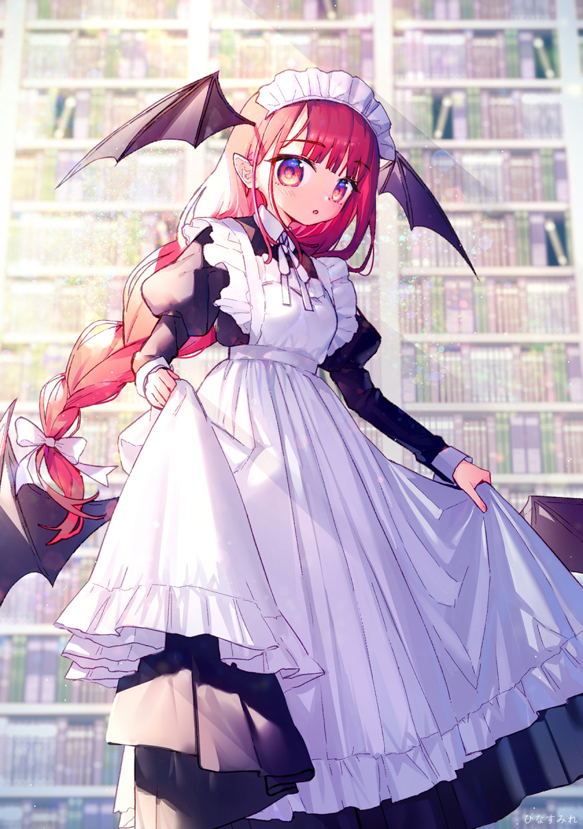 1girl :o alternate_costume apron apron_lift artist_name bangs black_dress blurry blurry_background bookshelf braid braided_ponytail cropped_legs day demon_wings depth_of_field dress enmaided eyebrows_visible_through_hair head_wings highres hinasumire indoors juliet_sleeves koakuma lifted_by_self light_particles light_rays long_hair long_sleeves looking_at_viewer low-tied_long_hair maid maid_apron maid_headdress pointy_ears puffy_sleeves red_eyes redhead solo standing sunbeam sunlight touhou very_long_hair victorian_maid wings