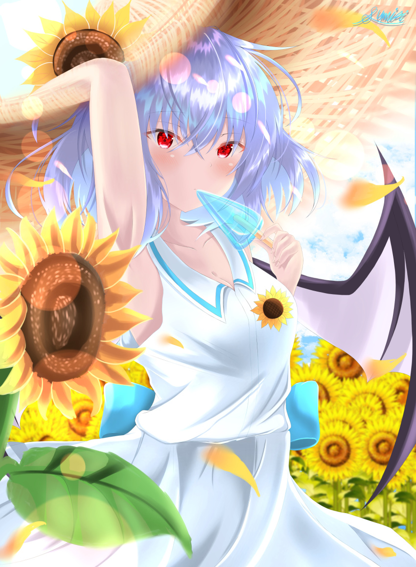 1girl alternate_costume arm_up armpits artist_name bare_arms blue_hair blue_sky blurry blurry_foreground bokeh clouds commentary cowboy_shot depth_of_field flower food hair_flower hair_ornament hand_on_headwear hat highres holding holding_food leaf looking_at_viewer petals popsicle red_eyes remilia_scarlet shiny shiny_hair shirt short_hair skirt sky sleeveless sleeveless_shirt solo standing straw_hat sumishi_(sumisi_3) summer sunflower sunflower_hair_ornament touhou white_shirt white_skirt