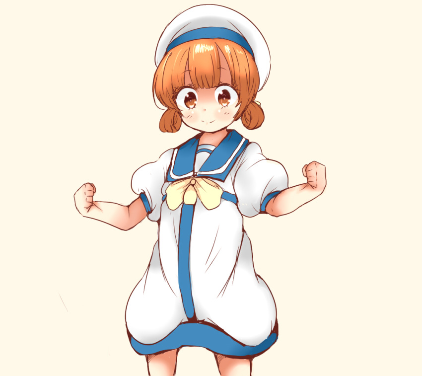 1girl beige_background brown_eyes brown_hair commentary_request cowboy_shot dress hat himemiya_aisu kaiboukan_no.4_(kantai_collection) kantai_collection looking_at_viewer low_twintails sailor_dress sailor_hat short_hair short_sleeves simple_background smile solo twintails white_dress white_headwear