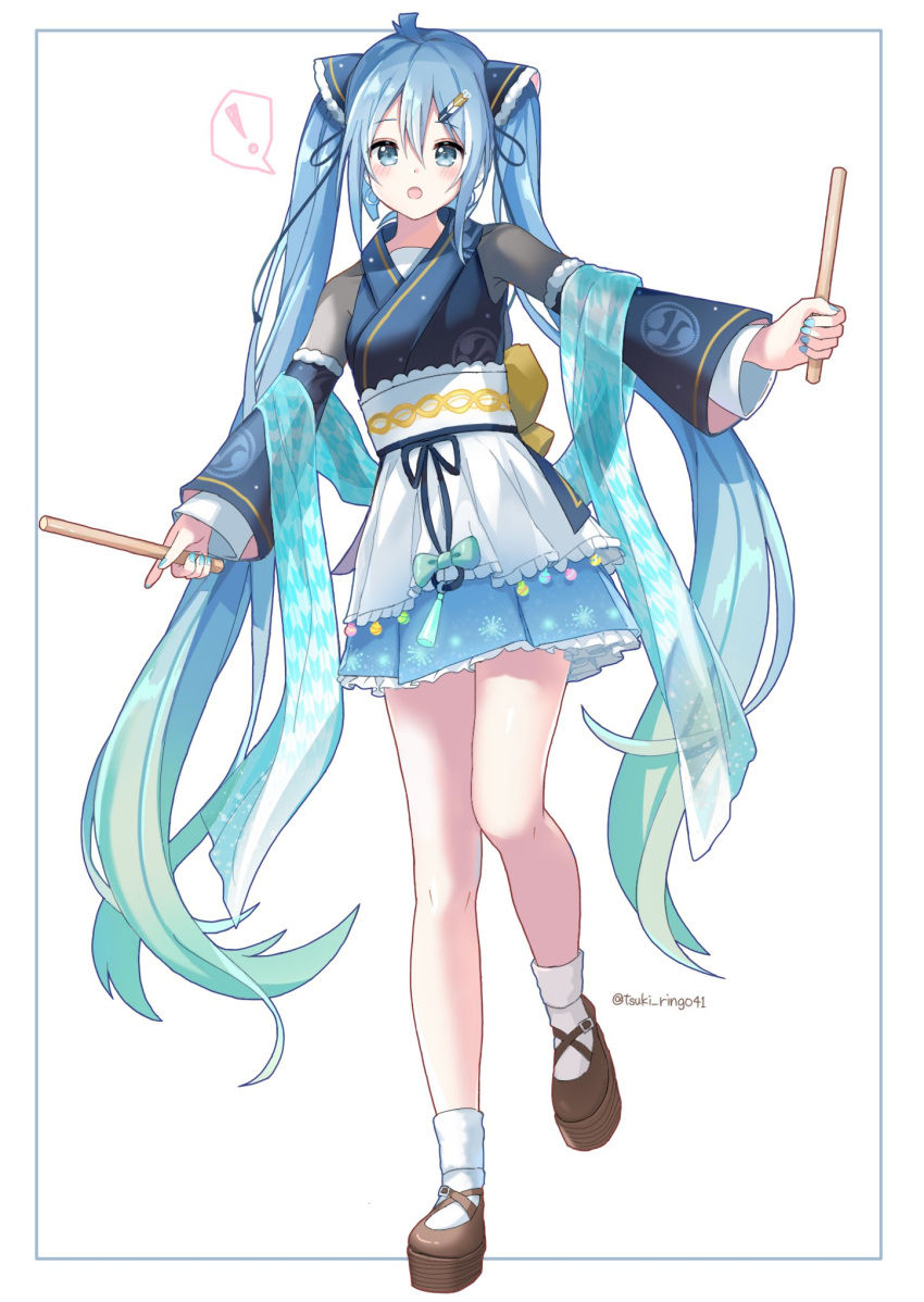 ! 1girl adapted_costume ahoge alternate_color aqua_hair aqua_nails blue_dress blue_eyes blue_hair blue_sleeves commentary detached_sleeves dress drumsticks fireworks_print frilled_dress frills full_body gradient_hair hagoromo hair_ornament hairclip hatsune_miku highres holding_drumsticks japanese_clothes kimono layered_dress long_hair looking_at_viewer magical_mirai_(vocaloid) multicolored_hair musical_note musical_note_print obi open_mouth sash shawl socks solo spoken_exclamation_mark standing tsukiringo twintails twitter_username very_long_hair vocaloid white_background yukata zouri