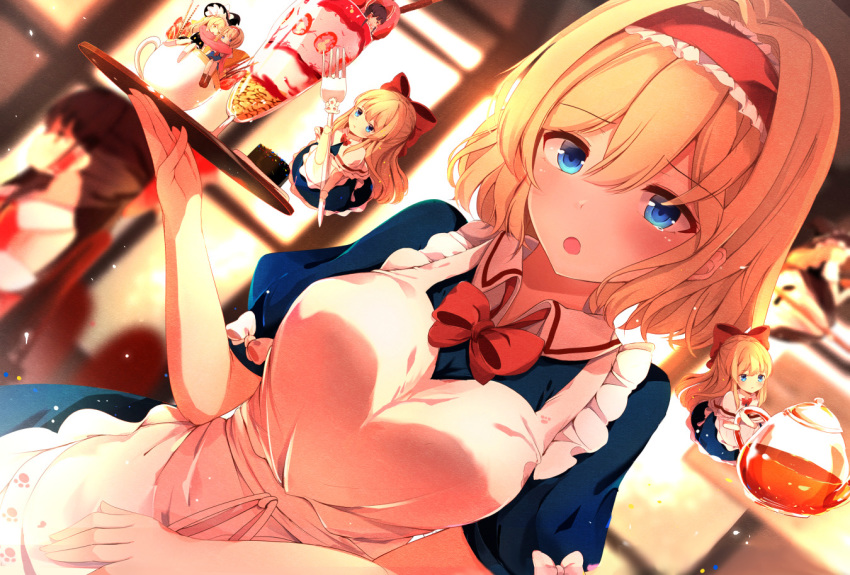 2girls alice_margatroid apron blonde_hair blue_dress blue_eyes bow bowtie breasts brown_hair character_doll commentary cup dress dutch_angle fork frilled_hairband frills hair_bow hairband hakurei_reimu holding holding_fork holding_tray hunya indoors kirisame_marisa long_hair medium_breasts mug multiple_girls open_mouth parfait paw_print_pattern red_bow red_hairband red_neckwear shanghai_doll short_hair short_sleeves teapot touhou tray upper_body waitress white_bow