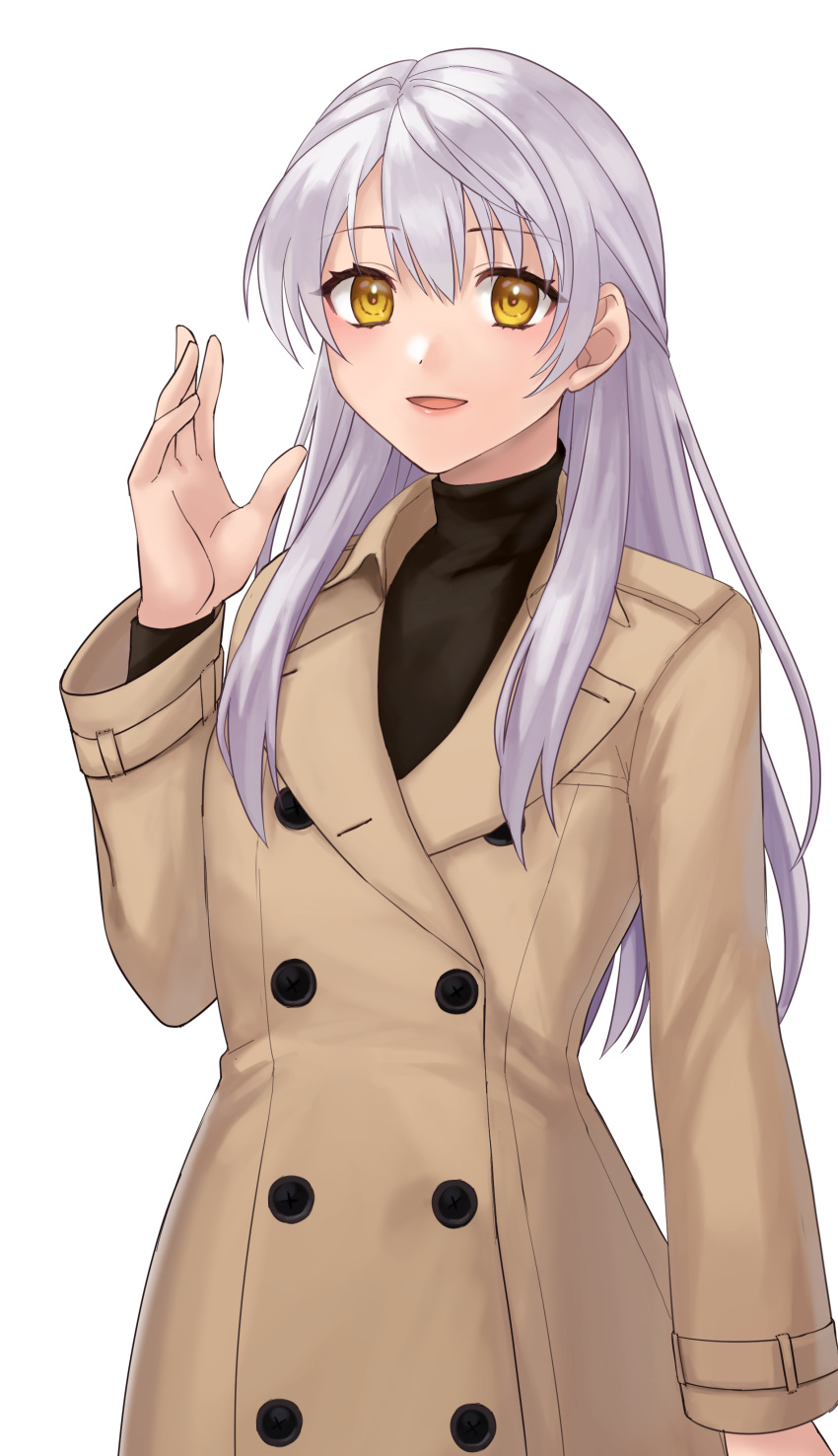 :d absurdres alternate_costume black_sweater casual coat commission contemporary fire_emblem fire_emblem:_radiant_dawn grey_hair half_updo hand_up hazuki_(nyorosuke) highres lapels long_hair long_sleeves looking_at_viewer micaiah_(fire_emblem) simple_background skeb_commission smile sweater turtleneck turtleneck_sweater white_background yellow_eyes