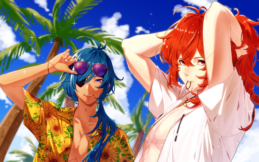 2boys absurdres alternate_costume bangs blue_eyes blue_hair blue_sky blurry blurry_background bracelet clouds commentary_request dark-skinned_male dark_skin diluc_ragnvindr eyepatch eyewear_on_head floral_print genshin_impact hair_between_eyes hair_tie_in_mouth hawaiian_shirt highres hukahire0313 jewelry kaeya_alberich looking_at_viewer mouth_hold multiple_boys necklace open_clothes open_mouth open_shirt outdoors palm_tree ponytail red_eyes scar scar_on_arm scar_on_hand shirt short_sleeves sky smile sparkle sunglasses tinted_eyewear tree tying_hair upper_body upper_teeth white_shirt yellow_shirt