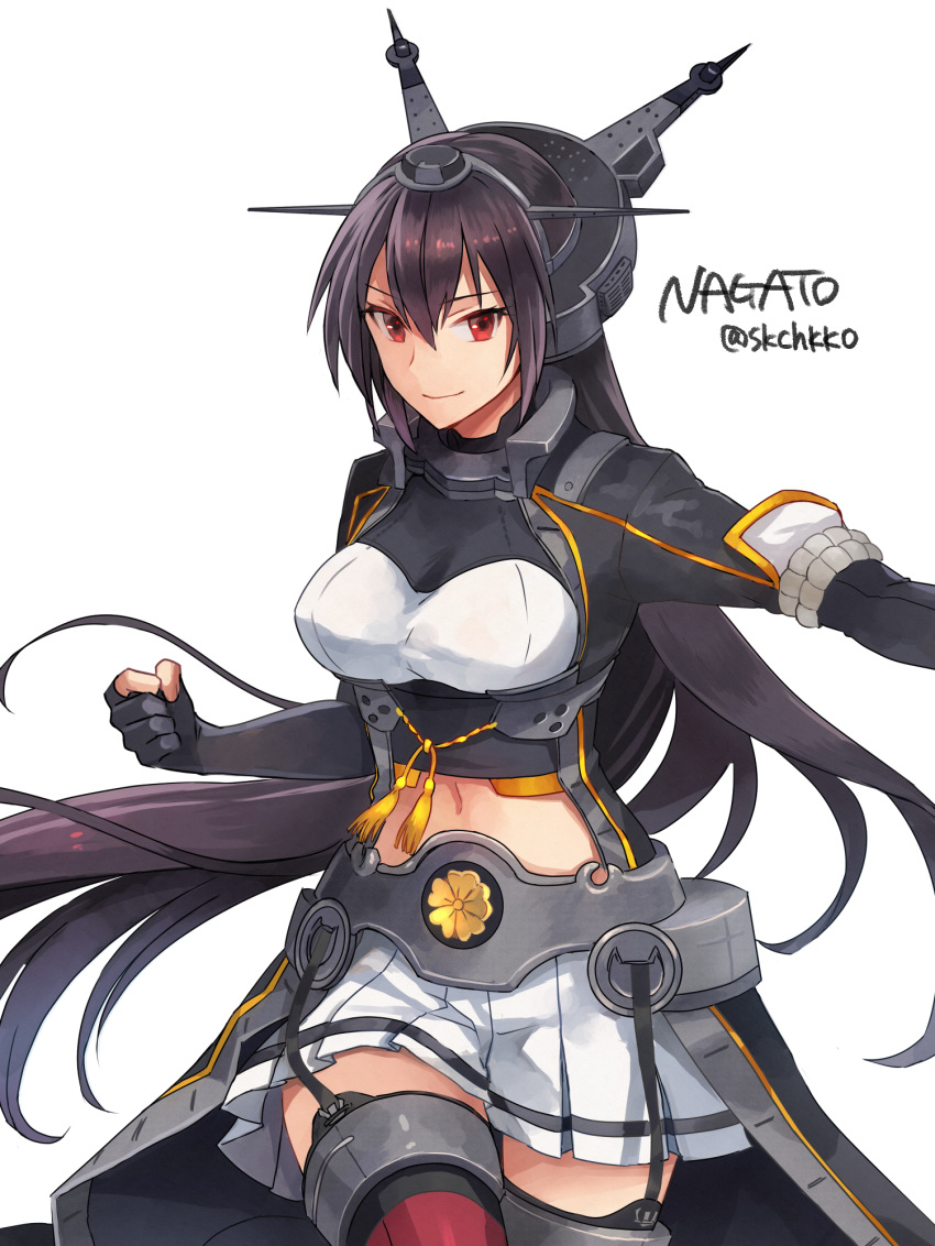 1girl black_coat black_gloves black_hair coat commentary_request cowboy_shot elbow_gloves gloves headgear highres kantai_collection kasumi_(skchkko) long_hair miniskirt nagato_(kantai_collection) navel official_style partly_fingerless_gloves pleated_skirt red_eyes red_legwear remodel_(kantai_collection) sakuramon simple_background skirt solo thigh-highs very_long_hair white_background white_skirt