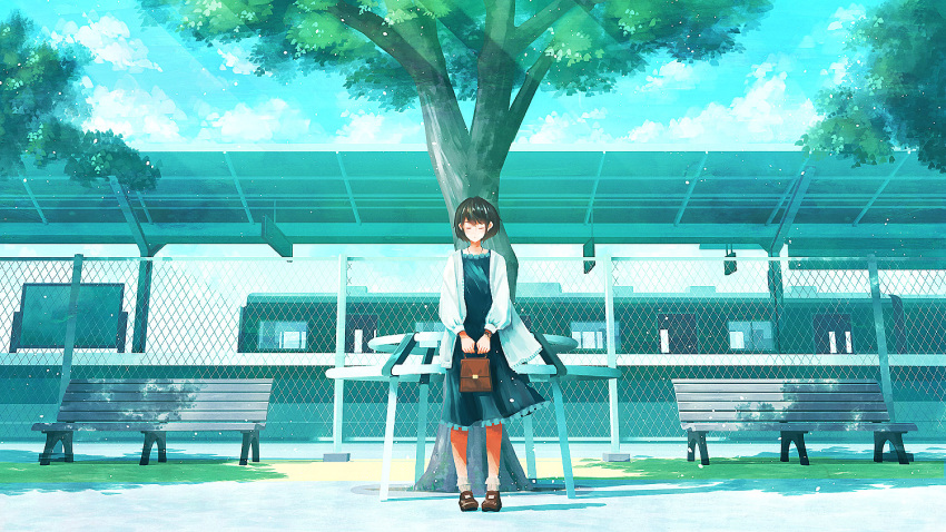 1girl bag bench black_hair blue_shirt brown_footwear closed_eyes craft-cs day facing_viewer handbag jacket long_sleeves original scenery shadow shirt short_hair standing train_station tree white_jacket