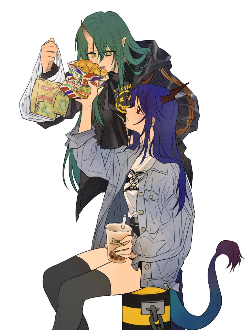 2girls :t alternate_costume alternate_hairstyle arknights bag black_jacket black_legwear black_shirt black_shorts blue_hair blue_jacket blue_pants breasts bubble_tea casual ch'en_(arknights) chips closed_mouth commentary cowboy_shot cup denim denim_jacket dragon_horns dragon_tail drinking_straw eating eyebrows_visible_through_hair feeding food green_hair hair_between_eyes hair_down highres holding holding_bag holding_cup holding_drink hood hooded_jacket horns hoshiguma_(arknights) jacket latutou1 long_hair medium_breasts multiple_girls nirvana_(band) oni_horns open_clothes open_jacket open_mouth pants plastic_bag pointy_ears potato_chips red_eyes shirt short_shorts shorts simple_background single_horn sitting small_breasts standing straight_hair symbol_commentary tail thigh-highs thighs white_background white_shirt yellow_eyes