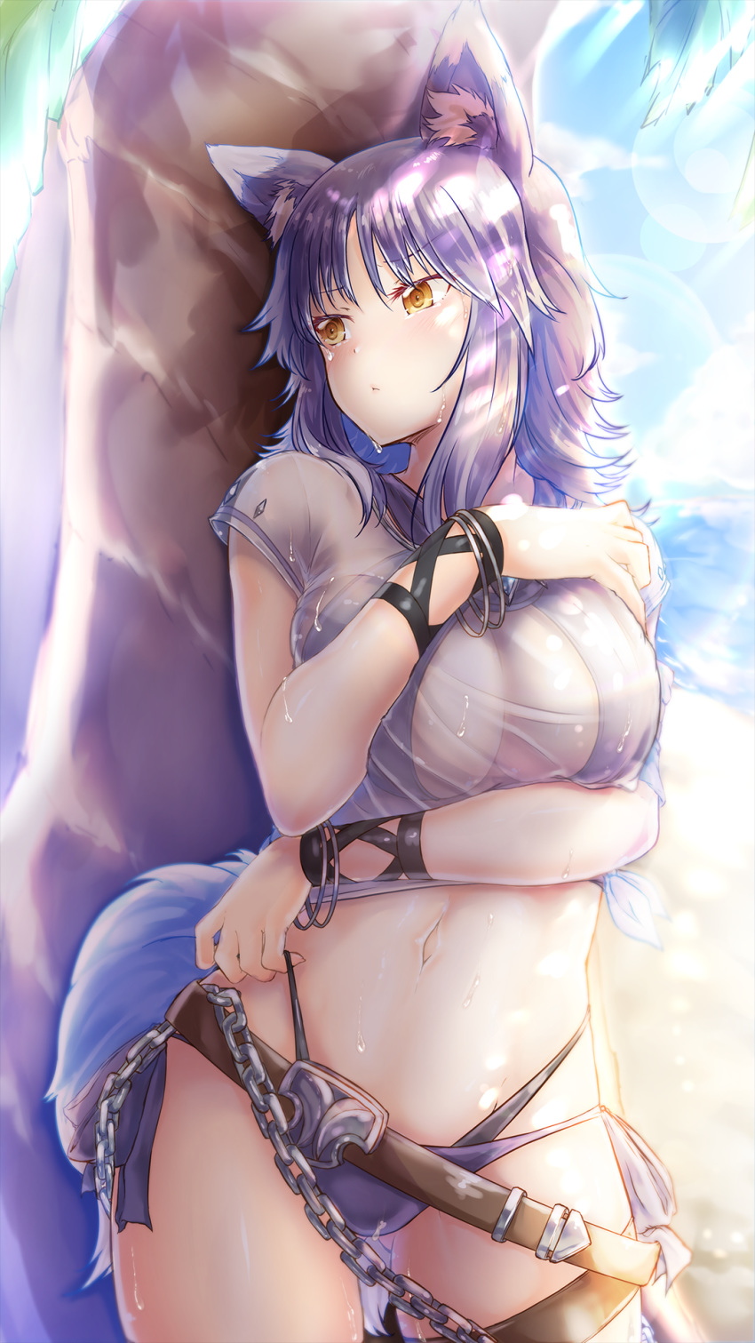 1girl animal_ear_fluff animal_ears arm_under_breasts bangs beach belt bikini blue_sky blush bracelet breasts brown_eyes chain closed_mouth criss-cross_halter halterneck hand_on_own_chest highres jewelry large_breasts looking_to_the_side makoto_(princess_connect!) medium_hair navel palm_tree princess_connect! princess_connect!_re:dive purple_bikini purple_hair renkon_(s36tereste) see-through shirt short_sleeves sidelocks sky sunlight swimsuit tail thighs tied_shirt tree wet white_shirt wolf_ears wolf_girl wolf_tail