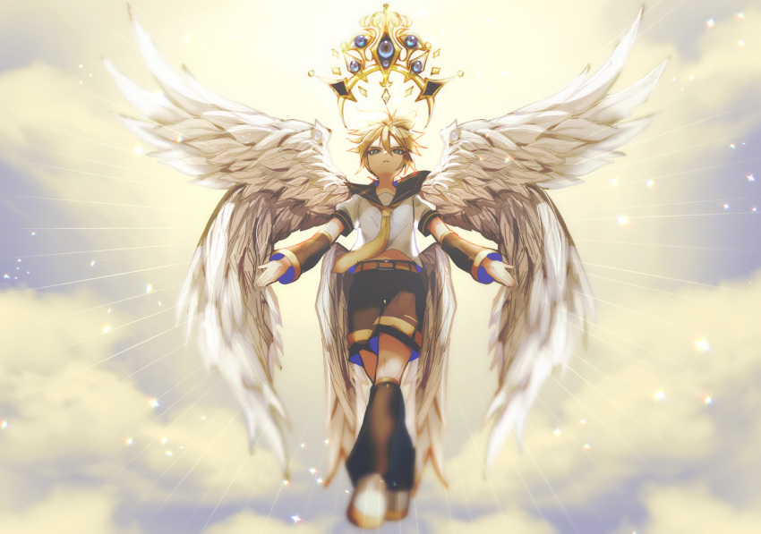 1boy angel angel_wings arm_warmers belt black_collar black_shorts black_sleeves blonde_hair blurry_foreground collar commentary crown detached_sleeves ei_flow english_commentary eyes feathered_wings from_below jewelry kagamine_len leg_warmers looking_at_viewer male_focus midriff_peek necktie outstretched_arms sailor_collar school_uniform shirt short_sleeves shorts sky spiky_hair v-shaped_eyebrows vocaloid white_footwear white_shirt wide_shot wings yellow_neckwear