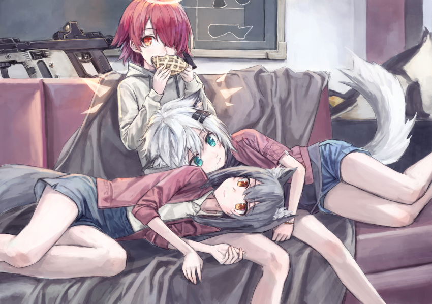 3girls 54cr animal_ear_fluff animal_ears apple_pie arknights black_hair commentary_request couch detached_wings energy_wings exusiai_(arknights) eyebrows_visible_through_hair food grey_eyes hair_ornament hair_over_one_eye hairclip halo highres holding holding_food hood hoodie jacket lap_pillow lappland_(arknights) long_hair lying_on_person multiple_girls red_eyes redhead short_hair shorts silver_hair sitting tail texas_(arknights) weapon wings wolf_ears wolf_girl wolf_tail yellow_eyes