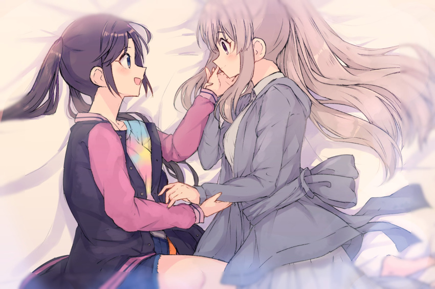 2girls :d bangs bed_sheet black_hair black_jacket blue_shorts blush bow brown_eyes brown_hair closed_mouth commentary_request dress eye_contact eyebrows_visible_through_hair grey_bow grey_dress grey_jacket hanetsuka highres idolmaster idolmaster_shiny_colors jacket letterman_jacket long_hair long_sleeves looking_at_another lying mitsumine_yuika multiple_girls on_side open_clothes open_jacket open_mouth profile short_shorts shorts sleeves_past_wrists smile twintails very_long_hair yuri yuukoku_kiriko