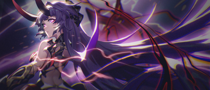 1girl armor bangs bare_shoulders blurry blurry_background gauntlets glowing glowing_eyes highres honkai_(series) honkai_impact_3rd horns long_hair looking_at_viewer looking_back madyy purple_hair raiden_mei solo upper_body very_long_hair violet_eyes