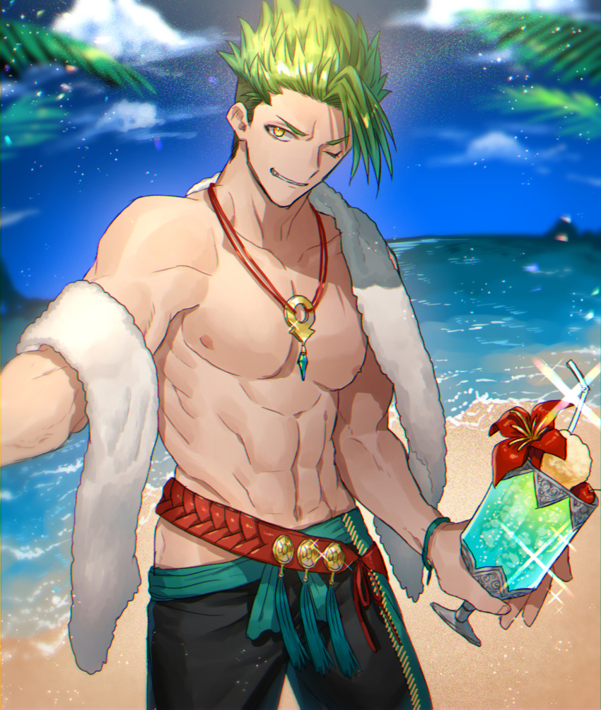 1boy abs absurdres achilles_(fate) alternate_costume cocktail day fate/apocrypha fate/grand_order fate_(series) green_hair highres jewelry male_focus muscle navel necklace nipples none_(kameko227) one_eye_closed outdoors palm_tree pants shiny shiny_hair smirk sparkle summer towel tree yellow_eyes