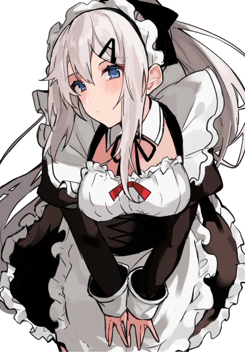 1girl 9a-91_(girls_frontline) alternate_costume aogisa apron blue_eyes blush breasts commentary_request corset frills girls_frontline hair_between_eyes hair_ornament highres long_hair long_sleeves maid maid_apron maid_dress maid_headdress neck_ribbon ribbon solo white_apron white_hair