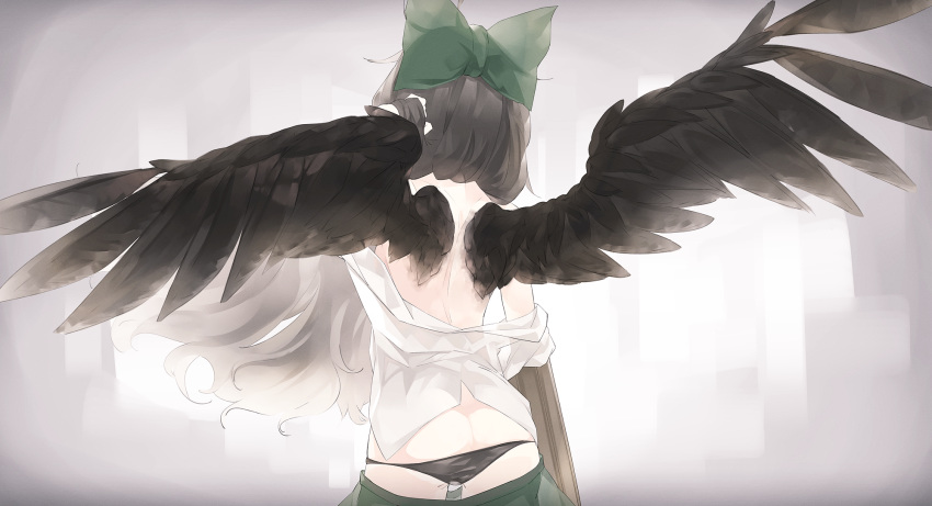 black_panties black_wings bow commentary_request control_rod cowboy_shot feathered_wings from_behind green_bow green_skirt grey_background hair_bow hand_in_hair hand_up highres long_hair lowleg lowleg_panties o_(crazyoton46) off_shoulder panties reiuji_utsuho shirt skirt skirt_pull touhou underwear white_shirt wings