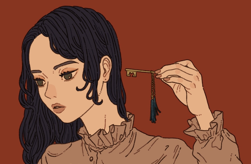 1girl black_eyes black_hair brown_nails brown_shirt frilled_shirt frills holding_key key keychain long_hair muted_color original parted_lips portrait red_background shirt simple_background solo yuusei_tsukiro