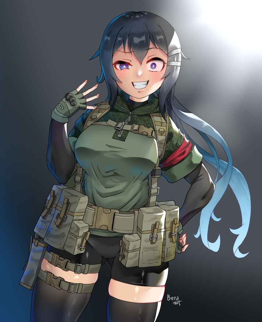 &gt;:) 1girl absurdres ass_visible_through_thighs bike_shorts black_hair black_shorts blue_hair breasts camouflage constricted_pupils cowboy_shot crazy crazy_eyes crazy_smile evil_grin evil_smile fingerless_gloves gloves grin hand_on_hip highres kirochef long_hair long_sleeves looking_at_viewer military military_uniform original ponytail shorts smile smirk smug solo standing thigh-highs thigh_gap thighs uniform violet_eyes wide-eyed