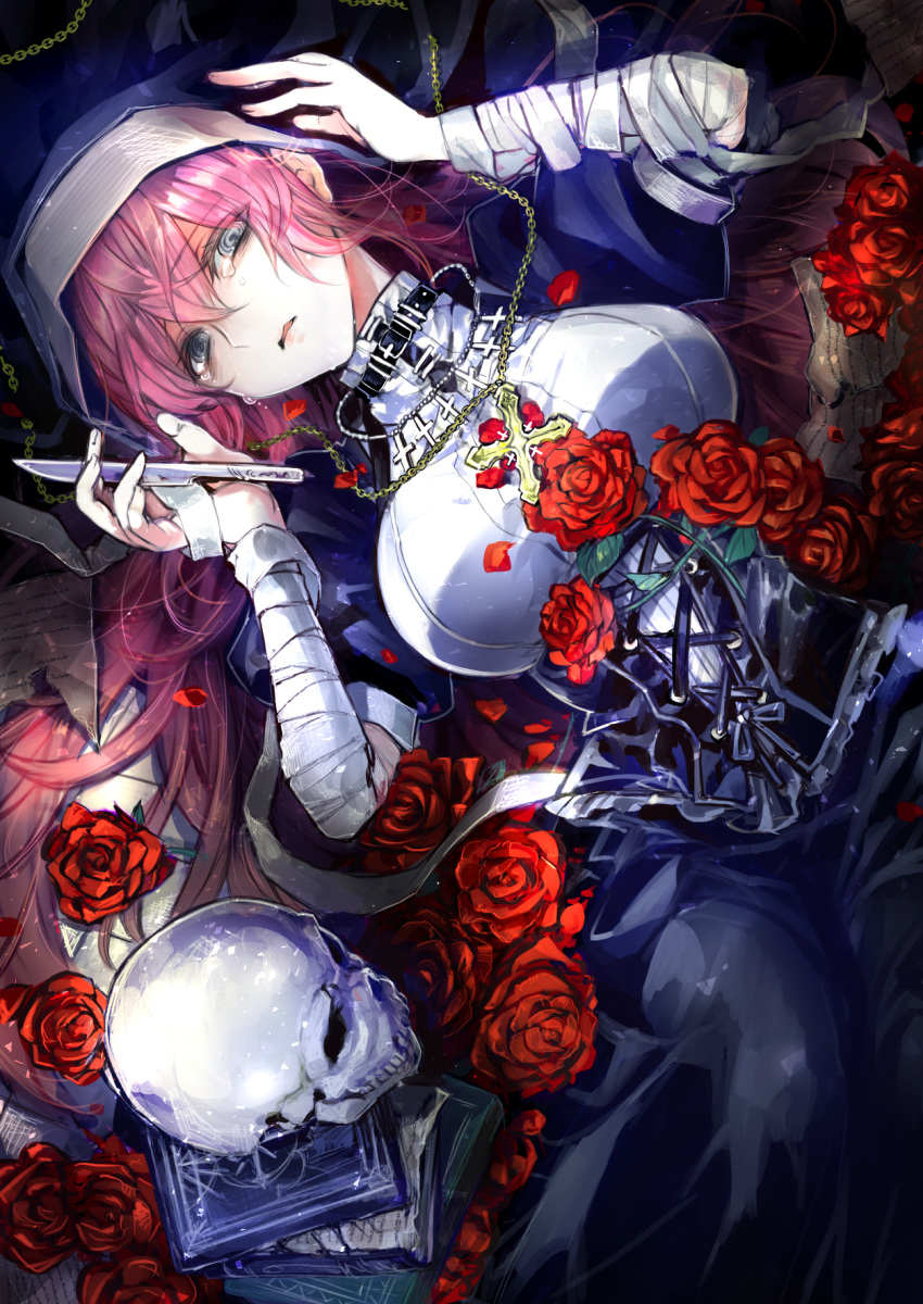 1girl @_@ bandaged_arm bandages book chain cross cross_necklace crying eyebrows_visible_through_hair eyes_visible_through_hair fingernails flower hair_between_eyes highres holding holding_knife holding_weapon jewelry knife long_hair lying michihisa! necklace nun on_back original parted_lips pink-haired_nun_(skeb) pink_hair red_flower red_rose rose skull solo tears turtleneck weapon